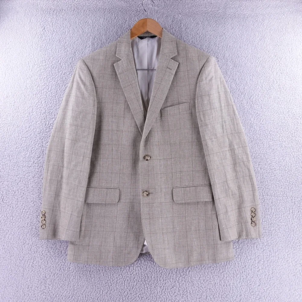 Jos. A. Bank Executive Blazer Mens 39R Tan Windowpane Linen Wool Silk Sport Coat